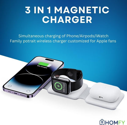 3-in-1 Wireless Charging Station for iPhone, Apple Watch & AirPods – Fast Foldable Charger Dock with USB-C & 18W Wall Adapter | Travel Essentials by HOMFY