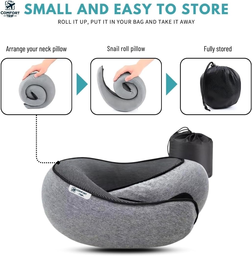 Comfort Trip Ergonomic Memory Foam Travel Pillow, 360° Neck & Head Support, Portable with Travel Bag, Comfortable Breathable Cover, Includes 3D Sleep Mask & Earplugs - Essential for Travelers - Grey