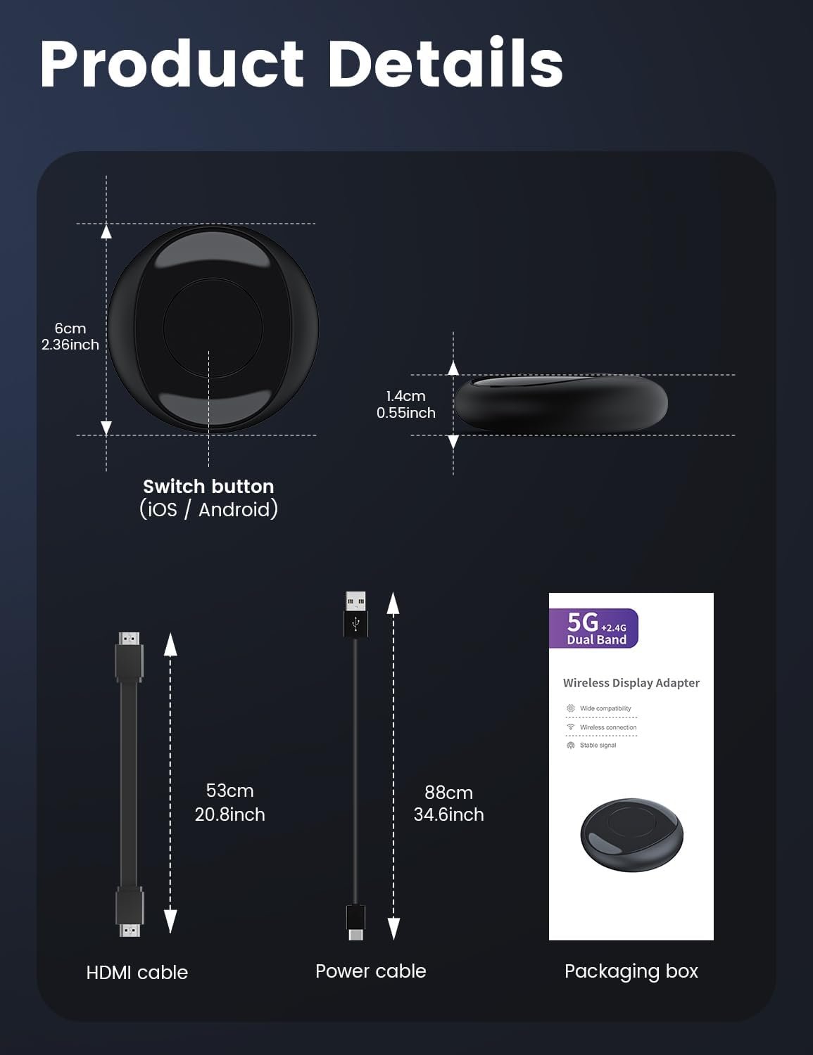 Wireless HDMI Display Dongle Adapter, 1080P HD Streaming for Laptop,PC,Smartphone to HDTV/Projector, Compatible with Android, iOS,Windows,and MacOS