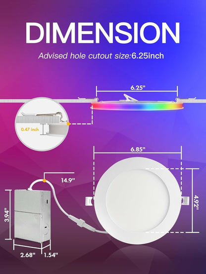 12 Pack 6 Inch Smart LED Recessed Lighting with RGB Back Light, 12W 1200LM Smart LED Recessed Lights with Junction Box, 2700K-6000K Color Changing Work with Google Assistant/Siri, Hub INCL