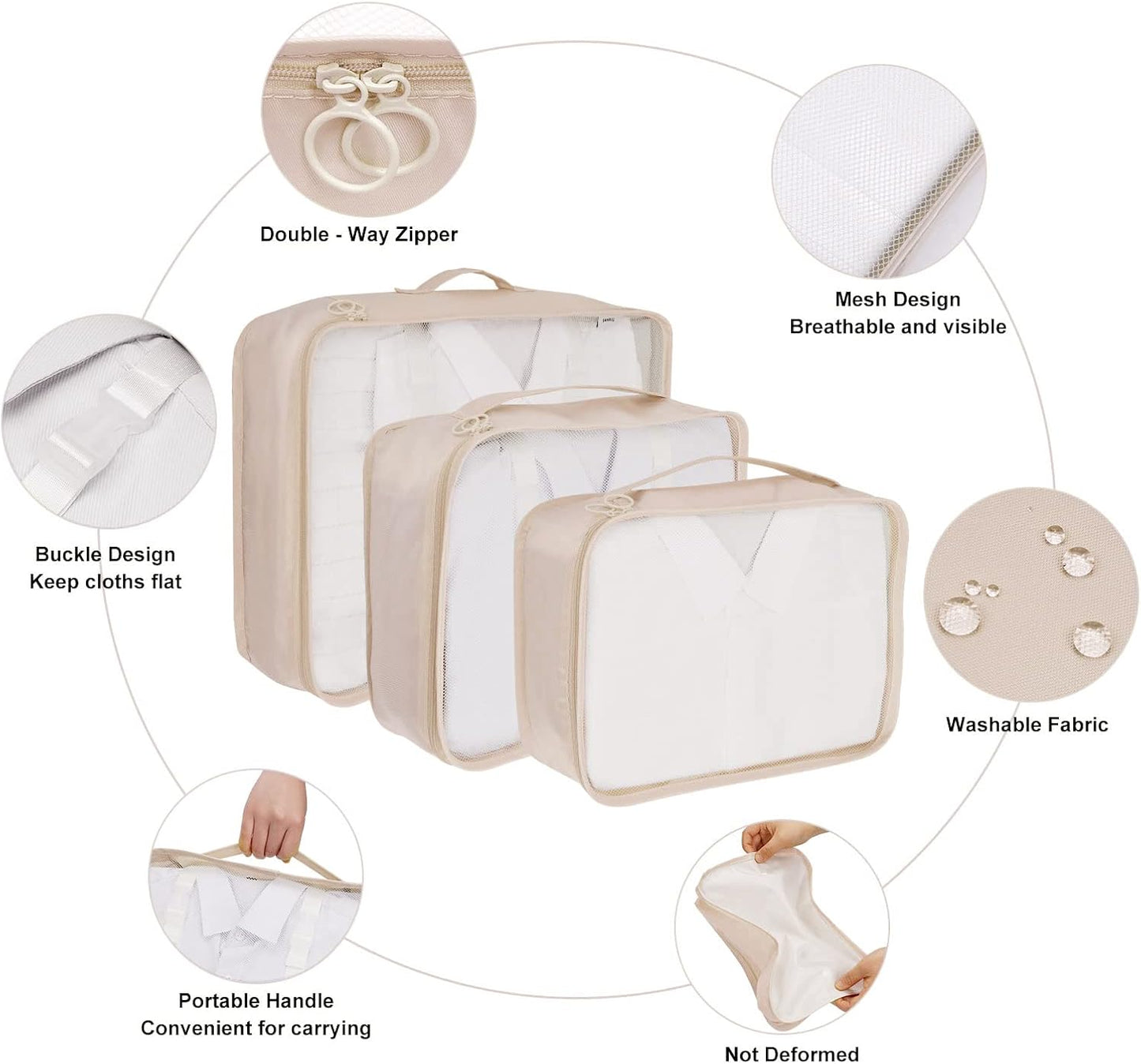 TAMOWA Organizer Suitcases Set of 9, Travel Cube Packing Cubes, Cosmetics Clothing Underwear Footwear Organizers Sacks Storage Suitcase Set, beige, L