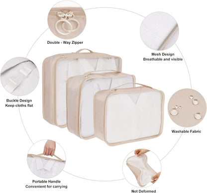 TAMOWA Organizer Suitcases Set of 9, Travel Cube Packing Cubes, Cosmetics Clothing Underwear Footwear Organizers Sacks Storage Suitcase Set, beige, L