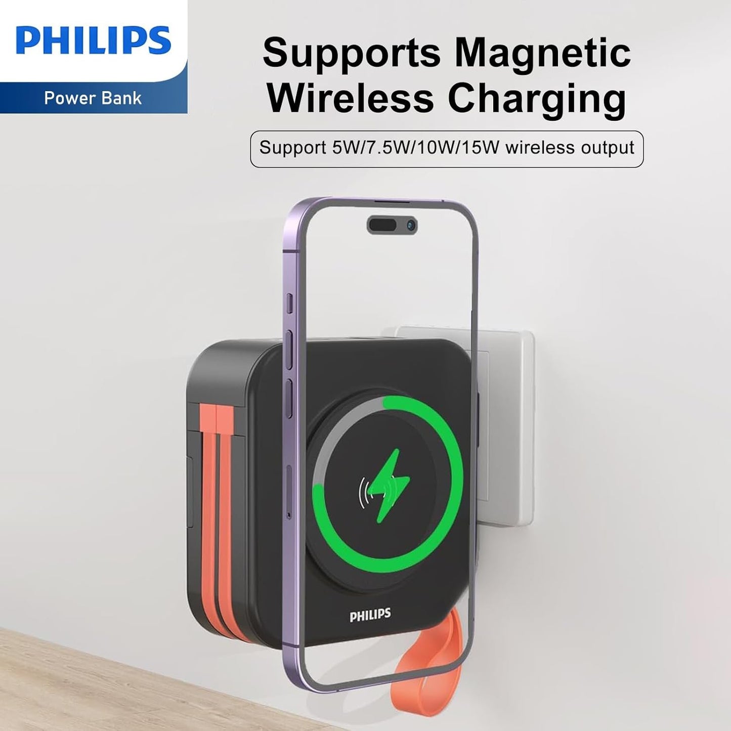 PHILIPS Power Bank Wireless 10000mAh 22.5W Powerbank Built-in Cable 10 in 1 Portable Battery Pack, Magnetic Universal Travel Fast Charging Adapter (UK,EU,AU) Compatible with MagSafe iPhone 16 MBlack