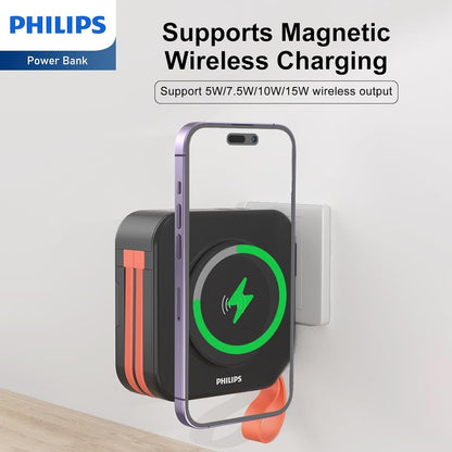 PHILIPS Power Bank Wireless 10000mAh 22.5W Powerbank Built-in Cable 10 in 1 Portable Battery Pack, Magnetic Universal Travel Fast Charging Adapter (UK,EU,AU) Compatible with MagSafe iPhone 16 MBlack