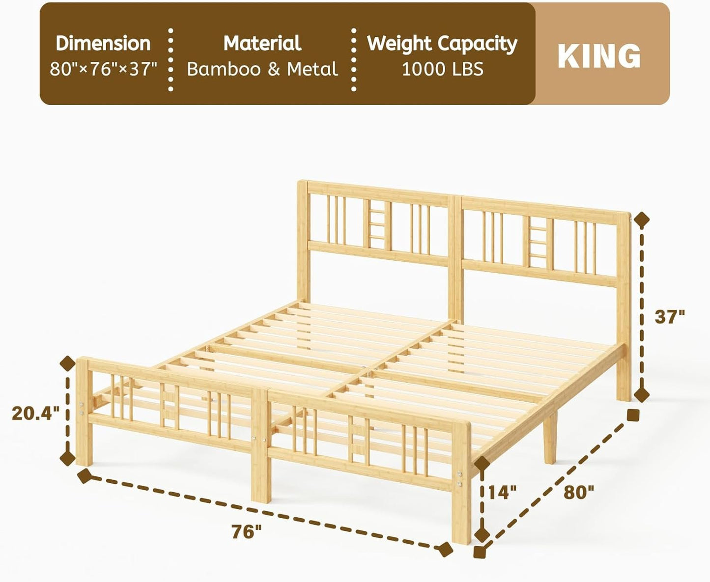 Goltriever 14 Inch High Bamboo King Bed Frame with Headboard and Footboard, Wood Bed Frame King Metal Slat Support Heavy Duty, No Box Spring Needed, Easy Assembly, Noise Free, Reinforced