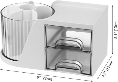 Poeland Rotating Pen Holder with 2 Drawers, Desk Organizer, Stationery Accessories Cosmetics Storage Box for Office School Home - White