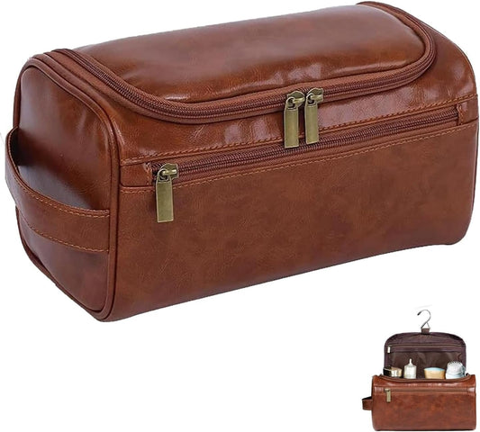 Leather Toiletry Bag for Men Hanging, Travel Toiletry Bag Organizer With Hook, Large Waterproof Cosmetic Travel Bag,Birthday Gifts for men, Shaving Kit Bag for Toiletries Accessories, brown, Fashion