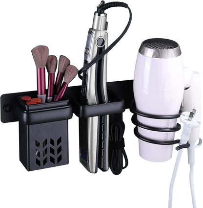 LHUATGT Hair Dryer Stand, Hairdryer Holder Wall Mount - Blow Dryer Holder, Hair Dryer Rack & Hair Styling Care Tool Organizer, Storage Basket with Plug Hook (Black)