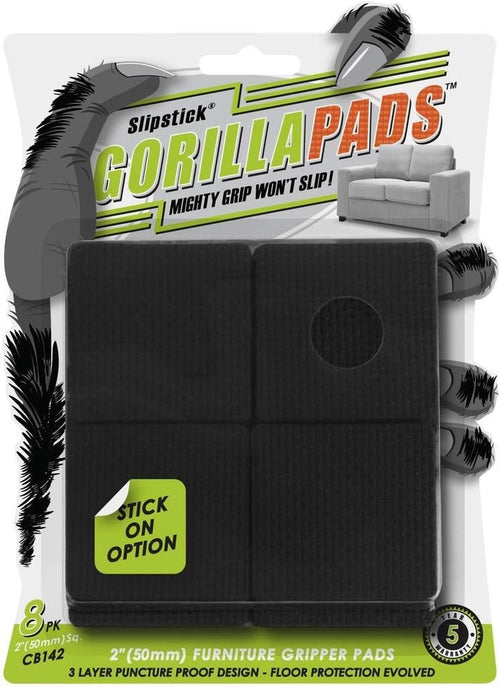 Slipstick GorillaPads CB142 50mm Non-Slip Furniture Pads/Grippers (Set of 8) Furniture Leg Floor Protectors, 2 Inch Square, Black