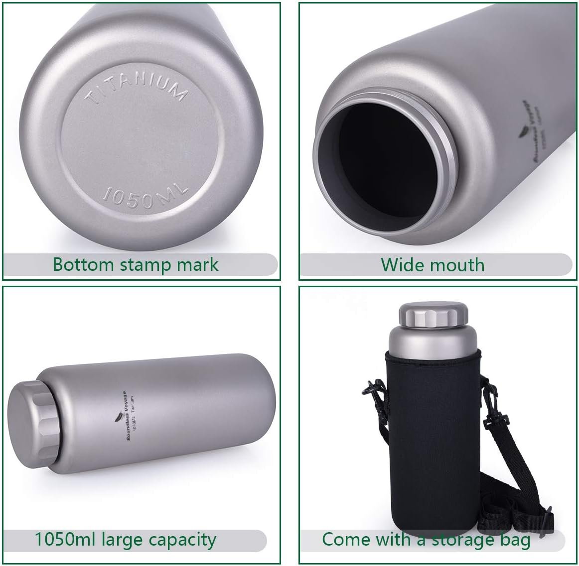Boundless Voyage Titanium Water Bottle Big Capacity Wide Mouth Ultralight Leak-Proof Tea Coffee Canteen Cup Drinkware for Outdoor Camping Picnic Hiking Cycling Sports 35.5oz/1050ml Ti1591B
