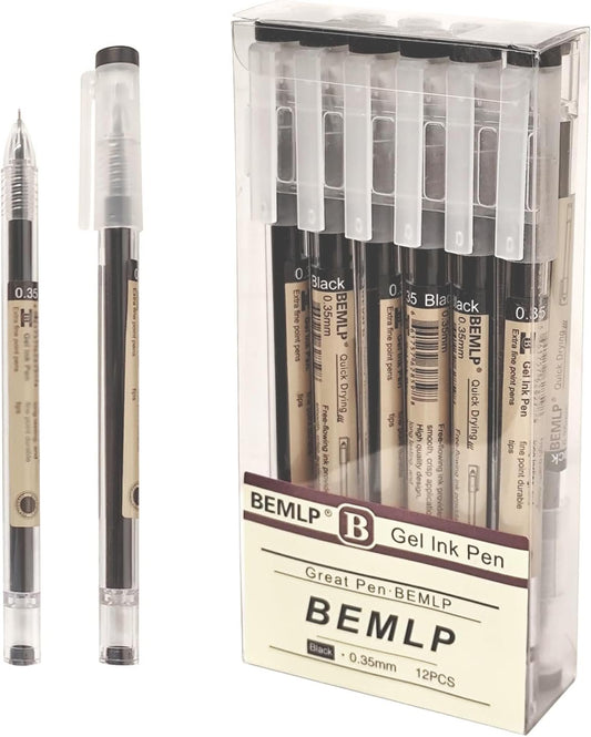Gel ink Pen 0.35mm Black Liquid Ink Rollerball Gel Pens Quick Drying fine point Pens Ballpoint Japanese Pens Premium School Office student Exam Writing Stationery Supply 12 Pcs/Set (Black)