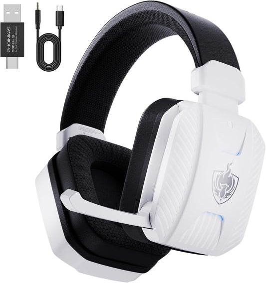YOTMS 2.4GHz Wireless Gaming Headset for PS5, PS4, PC, Switch, Over Ear Gamer Headphones with Noise Canceling Mic, 7.1 Surround Sound, 30+Hr Battery, Bluetooth 5.3 for Phone/Laptop/Tablet/Mac (White)