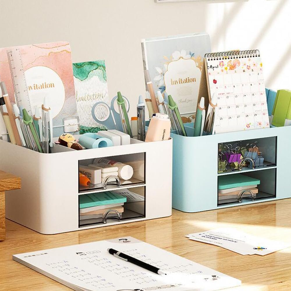 Desk Organizer Office with Drawer Pen Holder for Storage Box Accessories Organizers and Home School Multifunctional with 4 Compartments 2 Drawers Cute Plastic for Makeup Desktop Storage Organization