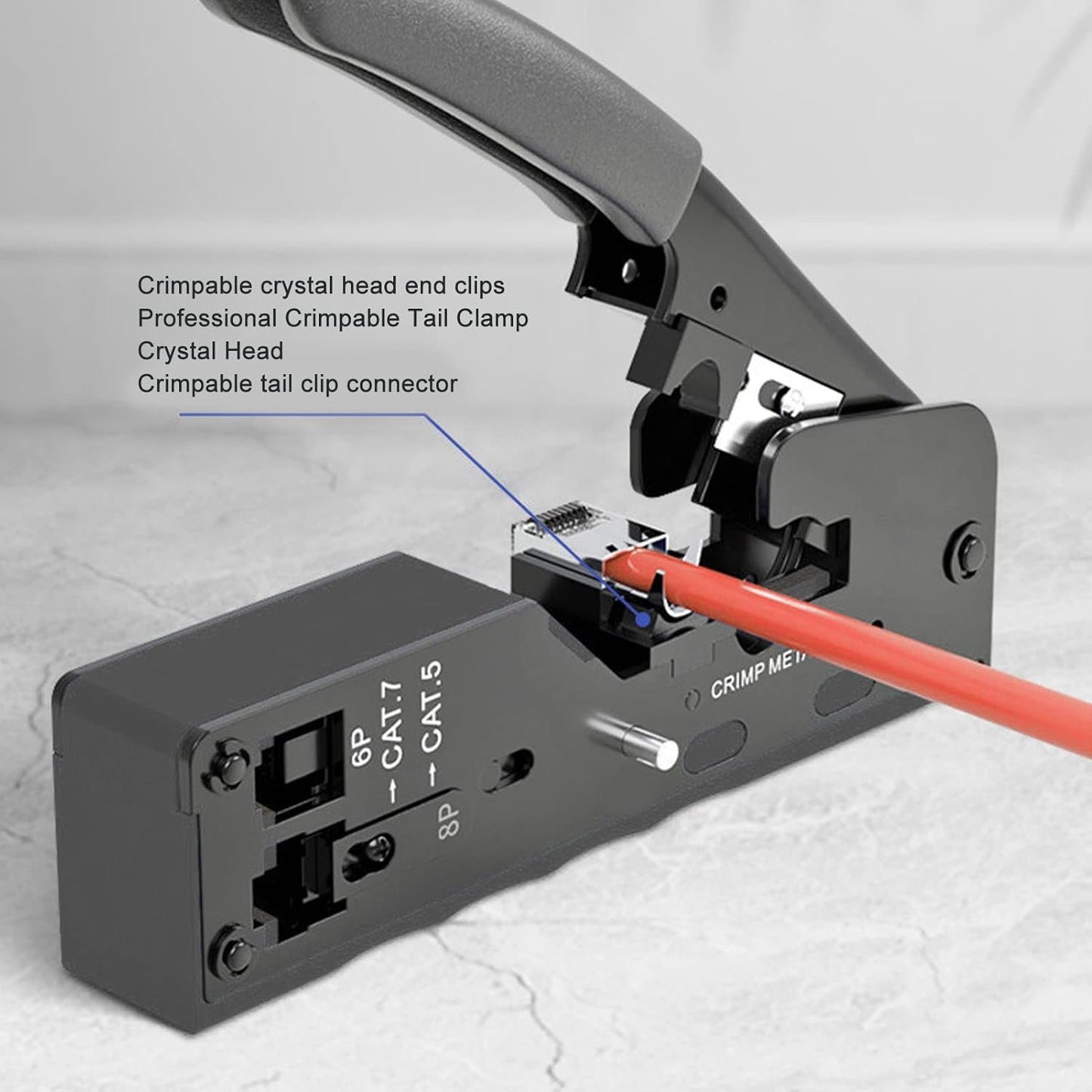 RJ45 Crimp Tool, Adjustable Crimping Mode Safety Lock Pass Through Crimping Tool Crimper Cutter for RJ45 8P/RJ11 6P for Cat5e/Cat6a/Cat7a