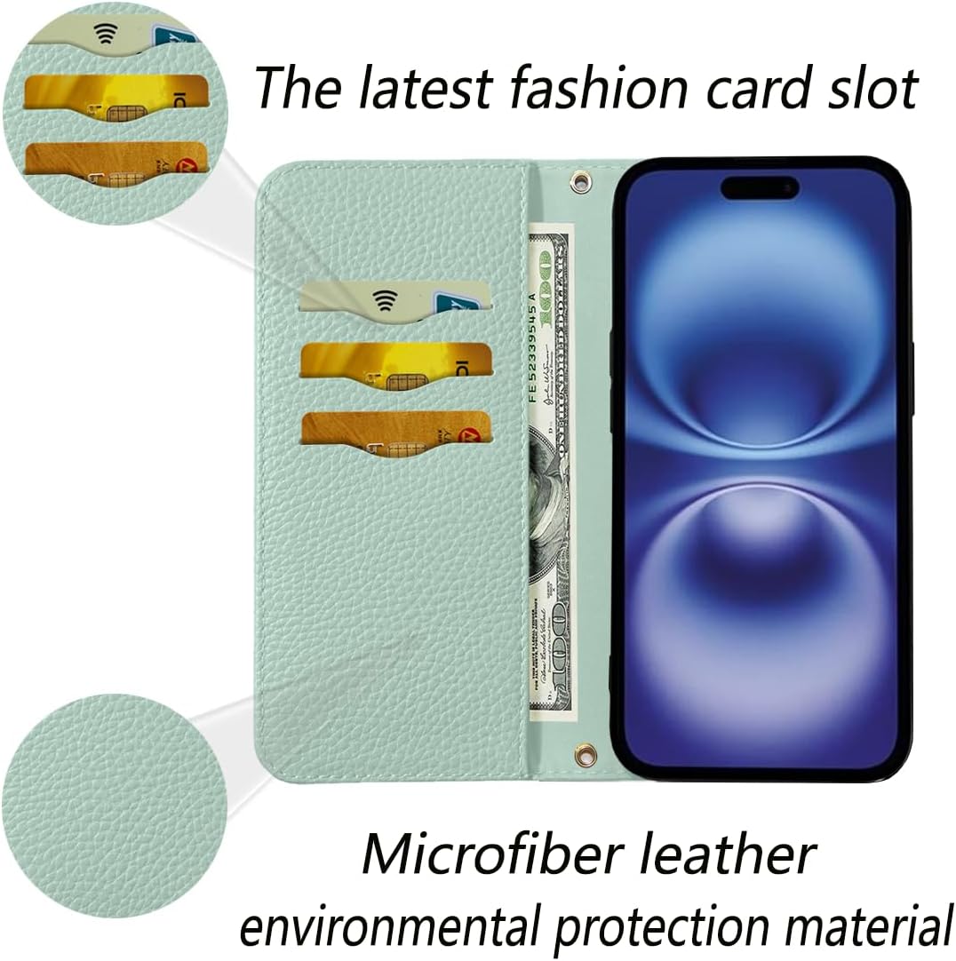 NanHou iPhone 16 Case Leather Case RFID Blocking Folio Wallet Case Magnetic Closure Kickstand Wrist Strap Card Holder Shockproof Flip Cover - Light Green