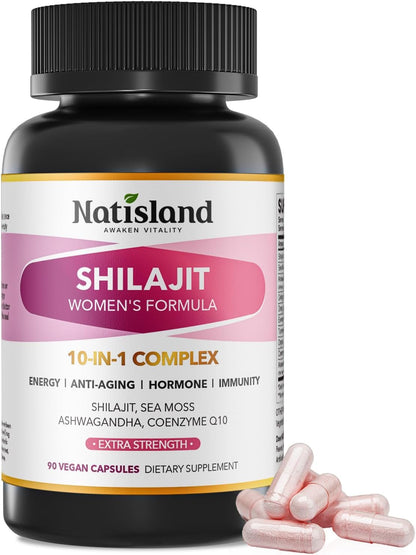 Shilajit for Women, Pure Himalayan Shilajit with Ashwagandha, Sea Moss, Coenzyme Q10, Energy & Immune Support, Anti-Aging & Wellness Support, Vegan, 90 Count, Natural Trace Minerals & Fulvic Acid