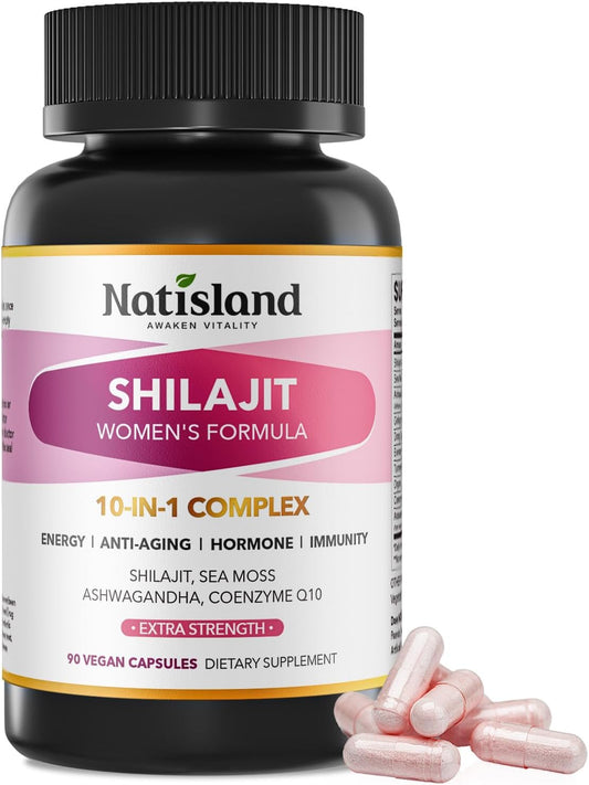 Shilajit for Women, Pure Himalayan Shilajit with Ashwagandha, Sea Moss, Coenzyme Q10, Energy & Immune Support, Anti-Aging & Wellness Support, Vegan, 90 Count, Natural Trace Minerals & Fulvic Acid