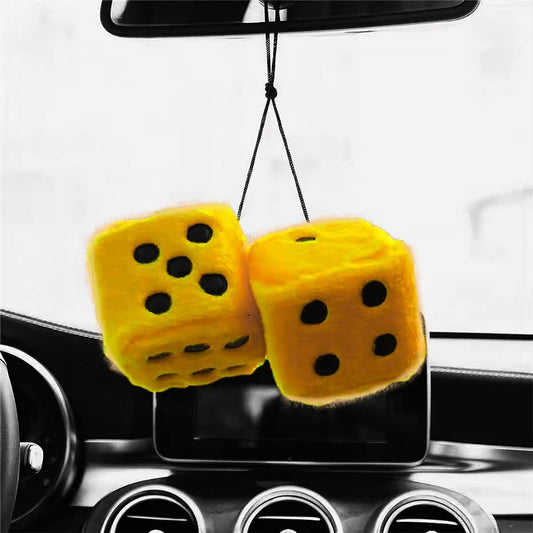 Moioee Pair of Retro Square, 3 inch Fuzzy Plush Dice with Dots, Car Mirror Hanging Decoration, Auto Rearview Mirror Ornament, Couple Pendant Charms, Home Decorative Car Interior Accessories (Yellow)
