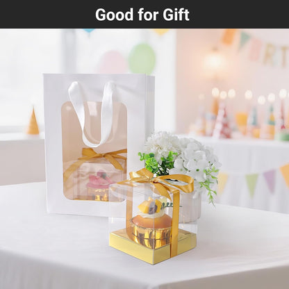 EUSOAR Gold Cupcake Boxes, 12pcs 3.5"x3.5"x3.5" Individual Cupcake Containers with Ribbon and Inserts, Plastic Dessert Muffins Clear Holder Disposable Cake Carrier for Birthday Wedding Party Favor