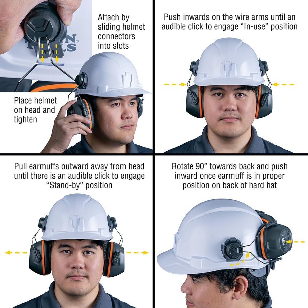 Klein Tools 60532 Ear Muffs with Cap and Safety Helmet Hard Hat Attachment, 26dB NRR for Construction, Manufacturing, Maintenance