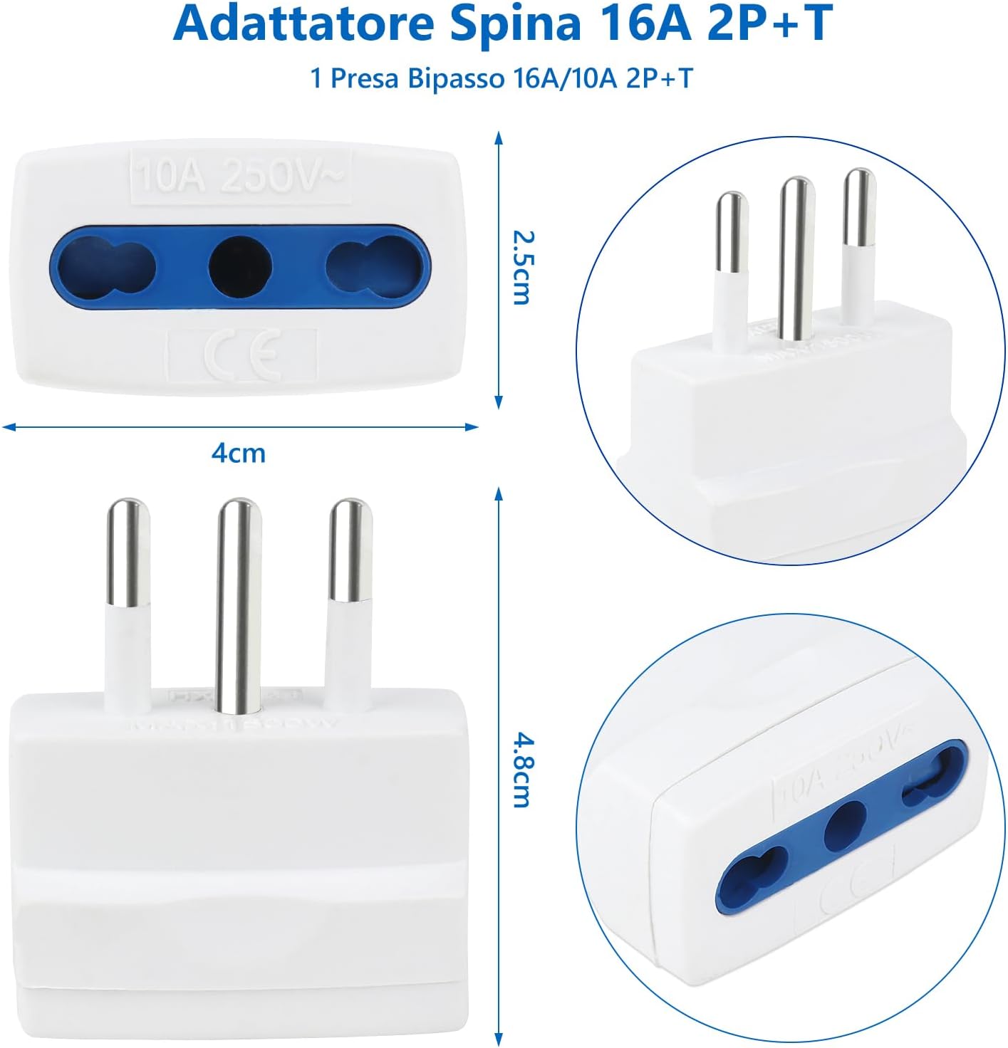 Fiotha 2 Pcs Simple Reducer Adapter 16A Plug 10A, 10A Plug Bypass Adapter, 10A Plug, Bypass Adapter Plug, with 10/16A Bivalent Socket to Small 10A Italian Plug, for Travel in Italy