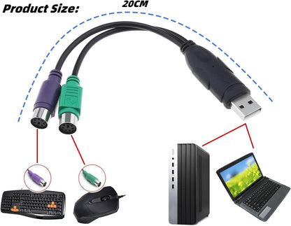 2PCS PS2 to USB Adapter PS2 Keyboard and Mouse to USB Converter Cables Y Splitter Adapter Plug and Play Built-in USB IC Support PS2 Port of KVM Switch (20cm)