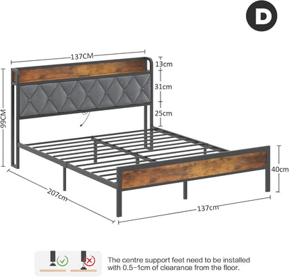 Ufurniture Bed Frame Double Size Metal Frame Storage Headboard with Charging Station and USB Ports Retro (Double)