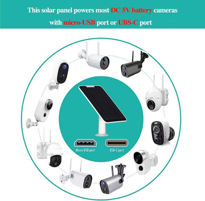 Solar Panel for Eufy Camera 5W Solar Panel Charger for Security Camera Compatible with Eufycam 3/3C/2/2 Pro/2C/2C Pro/E/E20/E40/L20/L40, with Micro USB Port, USB-C Adapter and 9.8ft/3m Cord (white-1P)