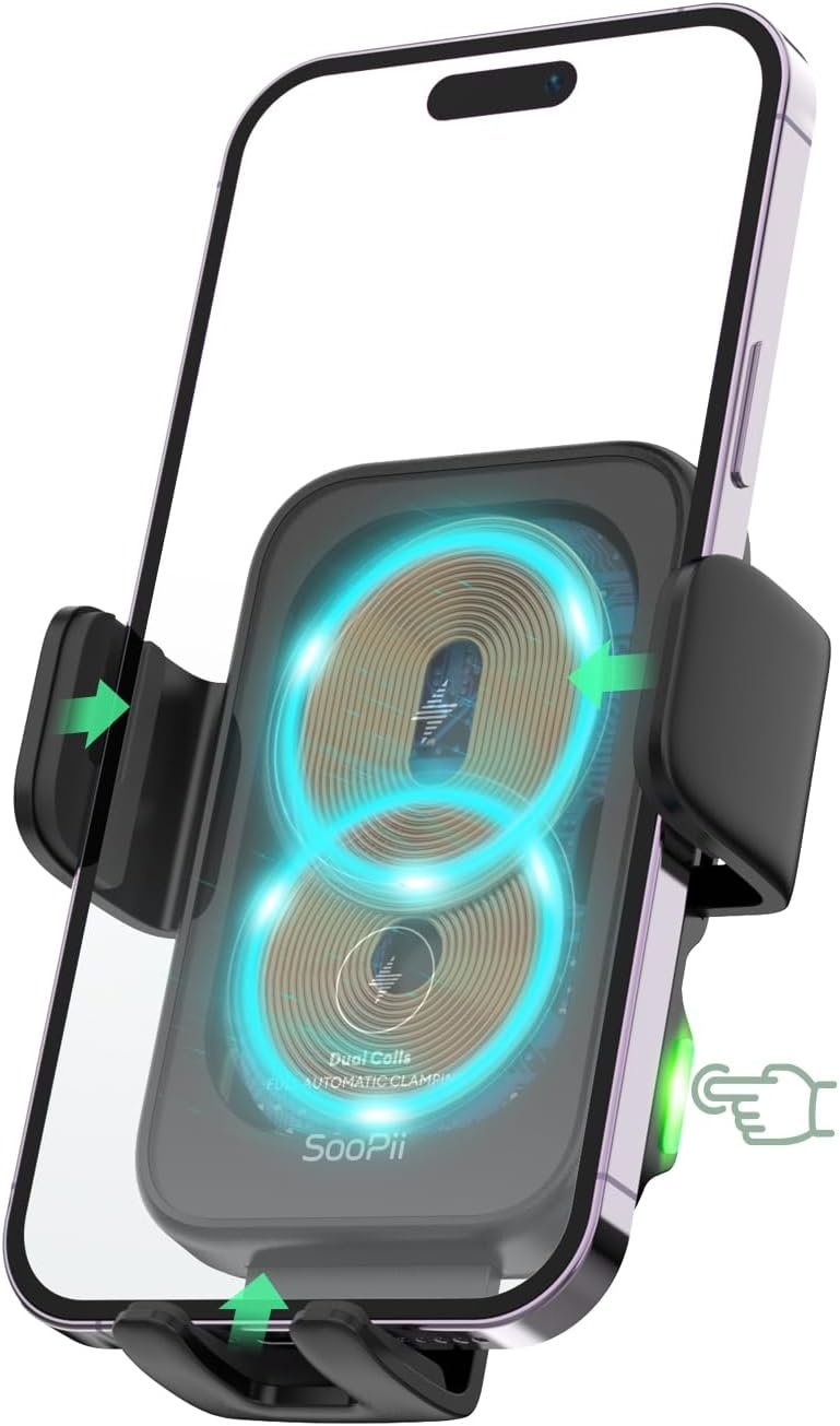 SooPii Dual Coils Wireless Car Charger,15W Fast Wireless Charging Mount for Car,Auto Clamping Phone Holder Charger for lPhone 16/15/14 Pro,Samsung Galaxy Z Fold4/3/2/Flip4/3/S24/S23