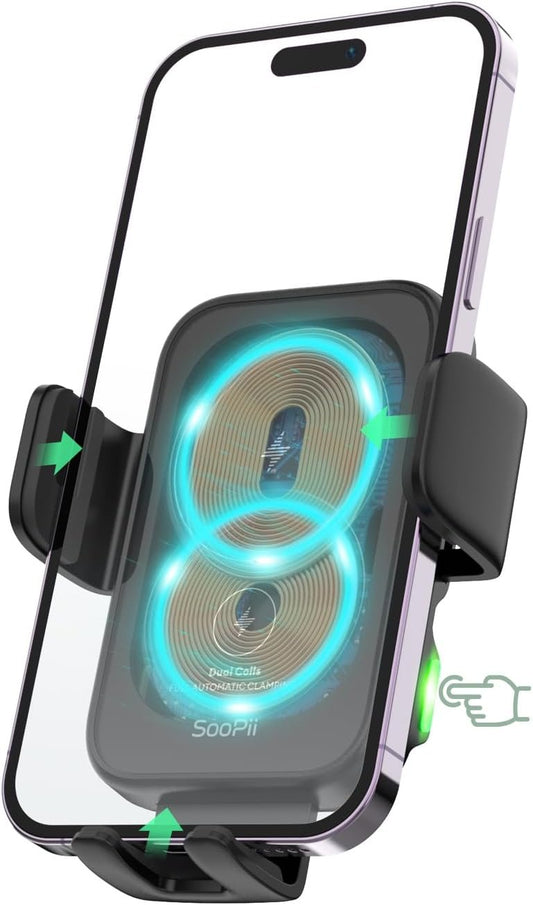 SooPii Dual Coils Wireless Car Charger,15W Fast Wireless Charging Mount for Car,Auto Clamping Phone Holder Charger for lPhone 16/15/14 Pro,Samsung Galaxy Z Fold4/3/2/Flip4/3/S24/S23