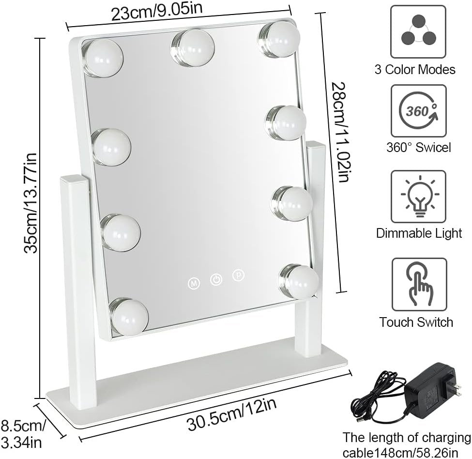 Depuley Makeup Mirror Vanity LED with 9Pcs Dimmable Light Bulbs, Lighted Makeup Mirror with Smart Touch Control, Hollywood Cosmetic Beauty Mirror, White