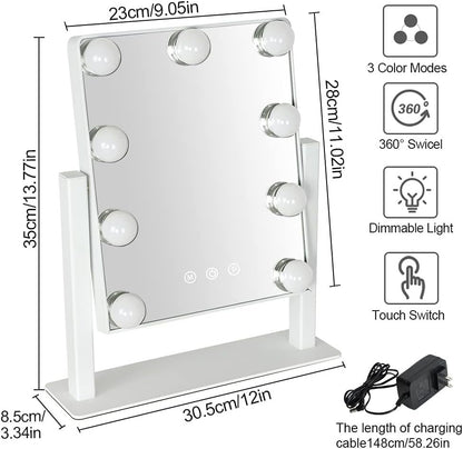Depuley Makeup Mirror Vanity LED with 9Pcs Dimmable Light Bulbs, Lighted Makeup Mirror with Smart Touch Control, Hollywood Cosmetic Beauty Mirror, White