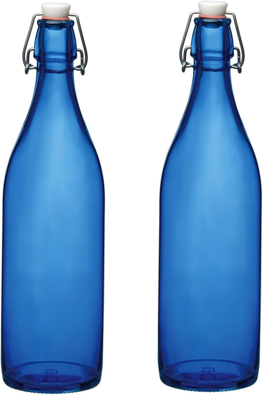 Bormioli Rocco Giara Glass Bottle with Leak-Proof Lid, 33.75 oz (Set of 2) - BPA-Free Bottle for Infused Drinks, Juices, Dressings, Decorative Glass Storage, Airtight Glassware - Made in Italy (Blue)