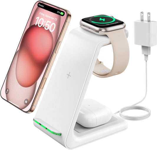 Wireless Charging Stand, GEEKERA 3 in 1 Wireless Charger Dock Station for iPhone 16 15 14 13 12 11 Pro Max Plus/X/8 Series, Apple Watch Ultra 9/SE/8/7/6/5/4/3/2, AirPods Pro/3/2