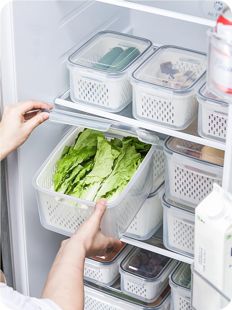 COCOYA 5-Pack Large Fruit Containers for Fridge, Leakproof Produce Storage Keeper with Removable Colander Food Grade BPA FREE Keep Vegetables Berry Veggies Lettuce Banana Meat Food Fresh Longer