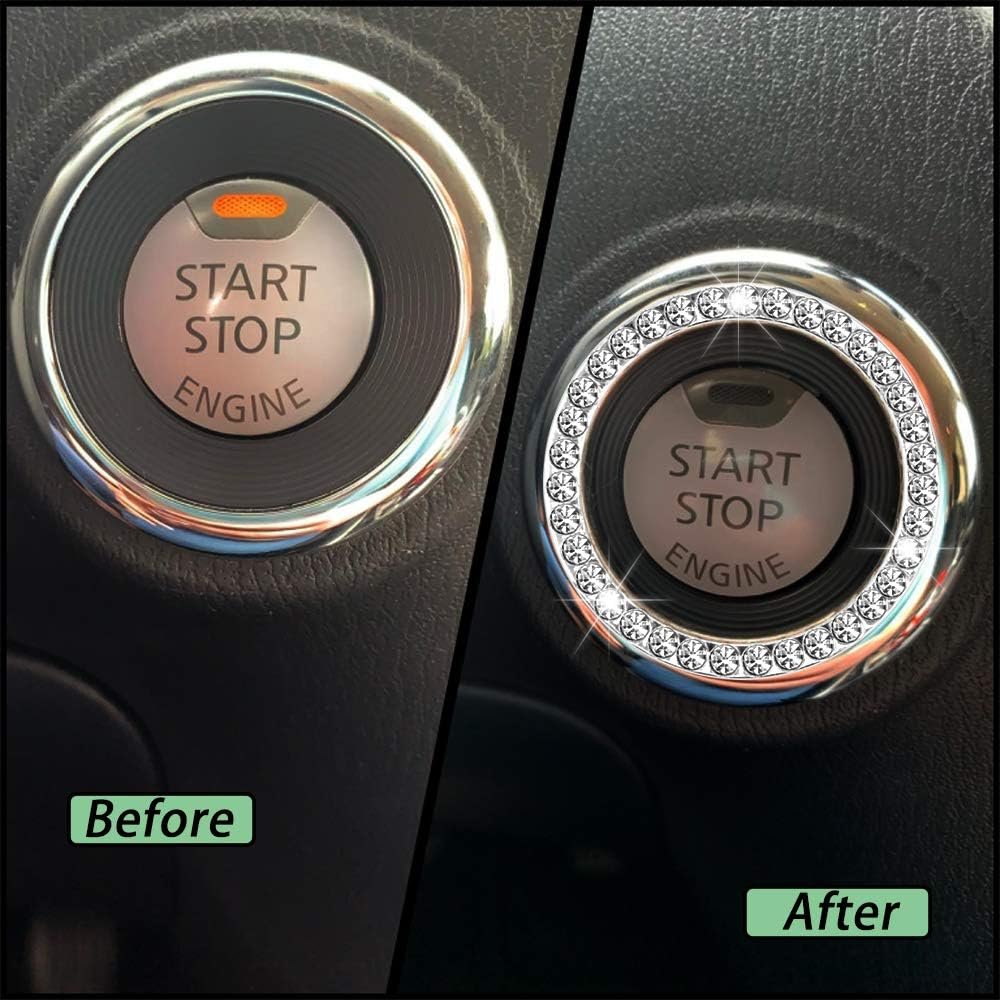 Anourney Silver Bling Crystal Rhinestone Car Decal, Emblem Sticker, Girly Car Interior Accessory Decoration for Push to Start Button Cover, AC Control Knob, Car Shift Cover