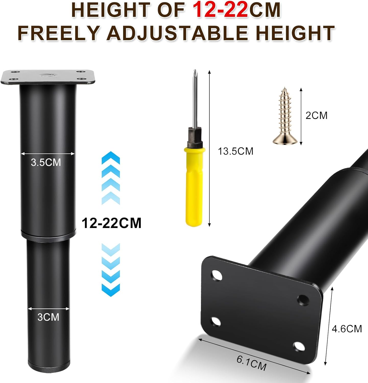 AiQInu 4 Pieces Furniture Feet 12-22cm Adjustable Furniture Feet with 18 Screws and Screwdriver, High Quality Iron for Wardrobe, Table, Sofa, Bed, Kitchen Furniture Legs