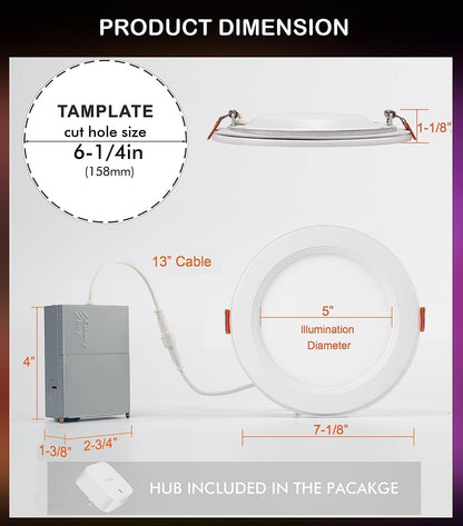 CLOUDY BAY [6 Pack] 6 Inch Smart LED Recessed Ceiling Light with RGB Back Light,15W 2700K-6500K,3W Color Changing Ultra-Thin Recessed Lighting,Baffle Trim Wafer Downlight, Hub Included