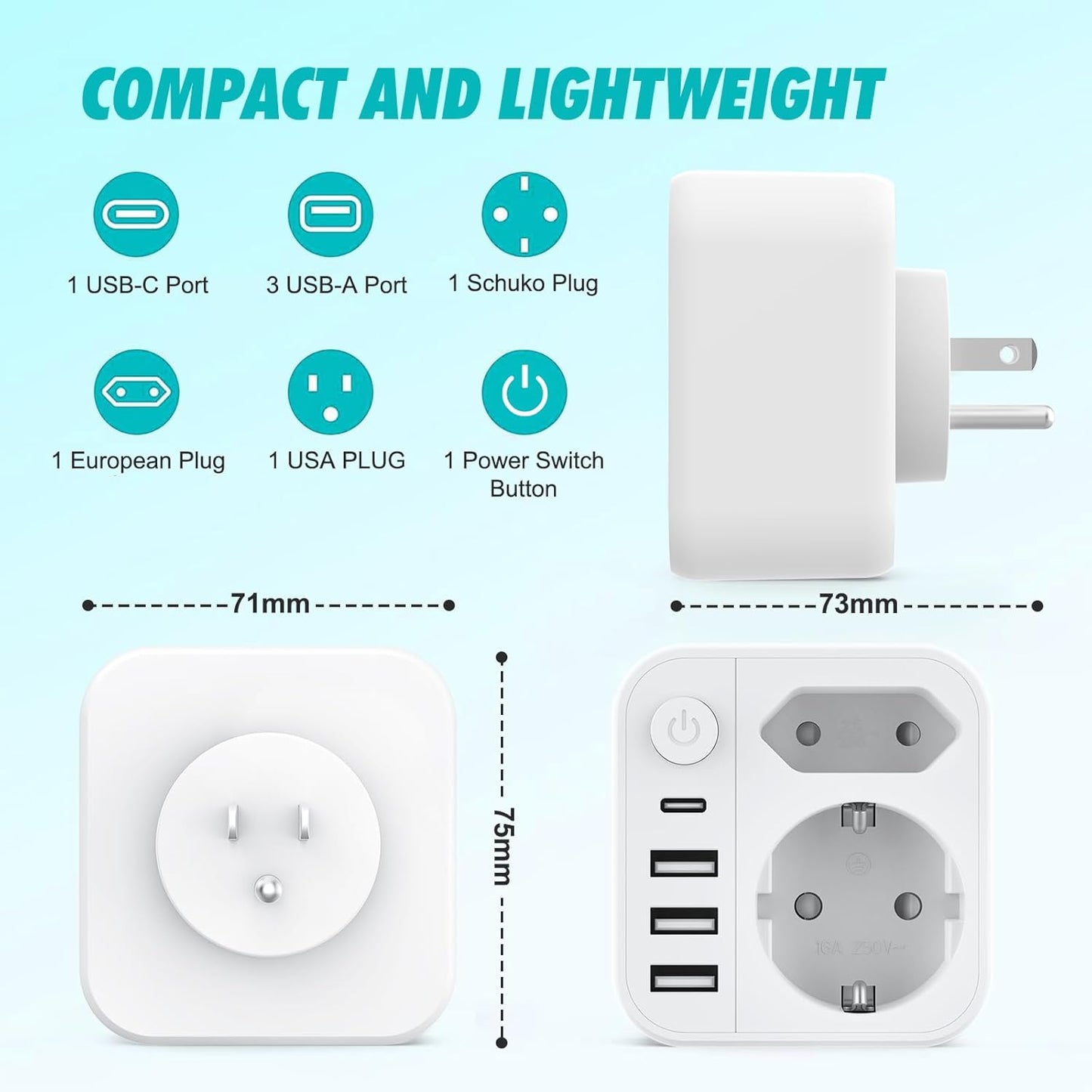 Clomnpe American Plug Adapter, 6 in 1 US Plug Adapter with 3 USB A to 1 USB C, Travel US Plug Adapter with European Plug and Schuko for America, Canada, Mexico, US Type B Plug