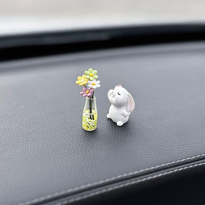 Generic Set of 2 Cute Mini Bunny and Daisy Flower Vase Car Rearview Mirror Ornaments Funny Dashboard Decorations Kawaii Car Interior Accessories for Women Gifts