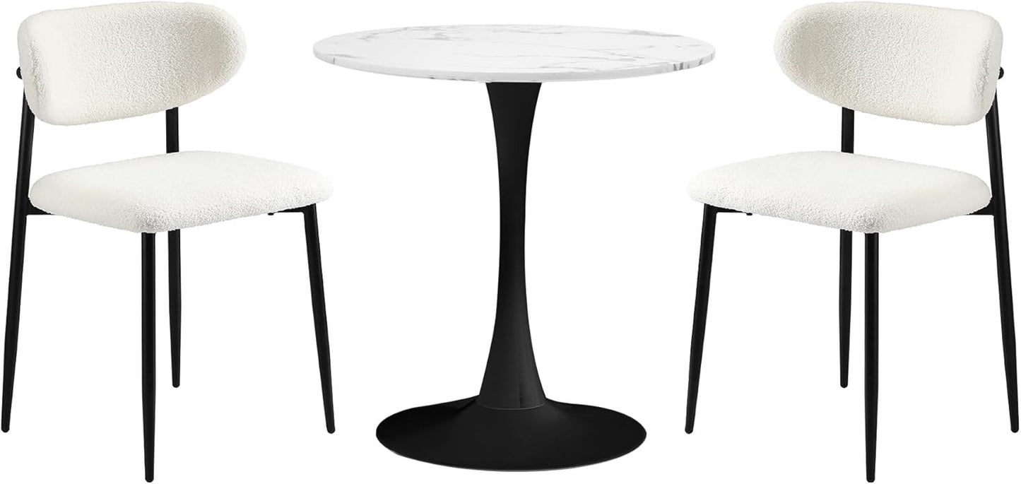 Oikiture 60cm Round Dining Table with 2X Dining Chairs Boucle White&Black