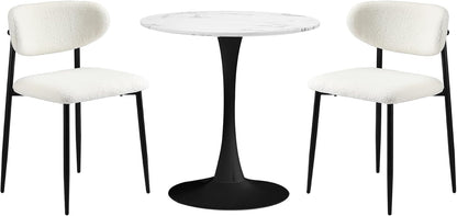 Oikiture 60cm Round Dining Table with 2X Dining Chairs Boucle White&Black