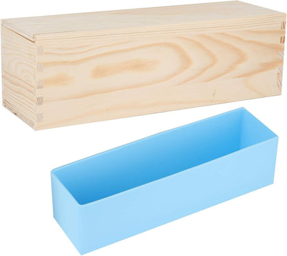 DIY Rose Pattern Handmade Bread Soap Mold Silicone Liner Wooden Box Cake Baking Tool for Home Kitchen Crafting Non Toxic Material 28.2x9x9cm (Sky blue silicone + wooden box)