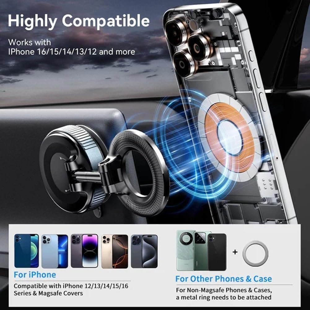 Eptchn Maglock 360° Foldable Magnetic Phone Mount,2025 Upgraded Vacuum 96lbs Ultra Suction Cup Car Phone Holder,Adjustable Phone Stand for Magsafe Cell Phone Holders for Car/Gym/Mirror(2pcs Black)