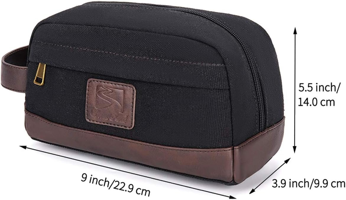 Seemeroad Travel Toiletry Bag for Men and Women, Canvas Toiletry Organizer Water-Resistant Vegan Leather, Hanging Dopp Kit Shaving Bag for Toiletries Accessories (Black, Medium)