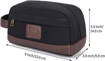 Seemeroad Travel Toiletry Bag for Men and Women, Canvas Toiletry Organizer Water-Resistant Vegan Leather, Hanging Dopp Kit Shaving Bag for Toiletries Accessories (Black, Medium)