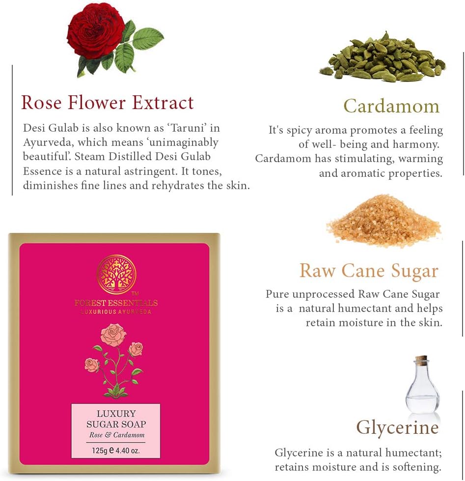 Forest Essentials Rose and Cardamom Luxury Sugar Soap, 125g