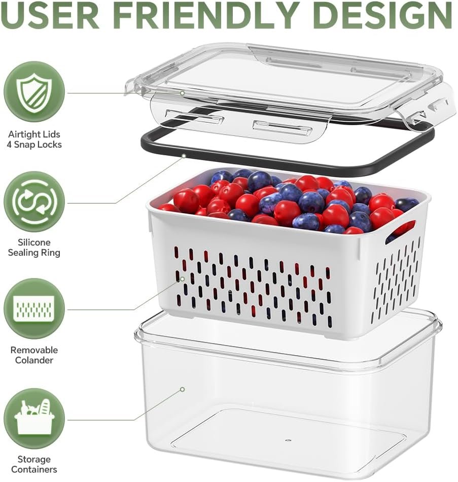 5 PCS Large Fruit Storage Containers for Fridge, Airtight Food Storage Containers with Removable Colander, Dishwasher & Microwave Safe, Berries Containers Keep Vegetables, Fruits Fresh Longer