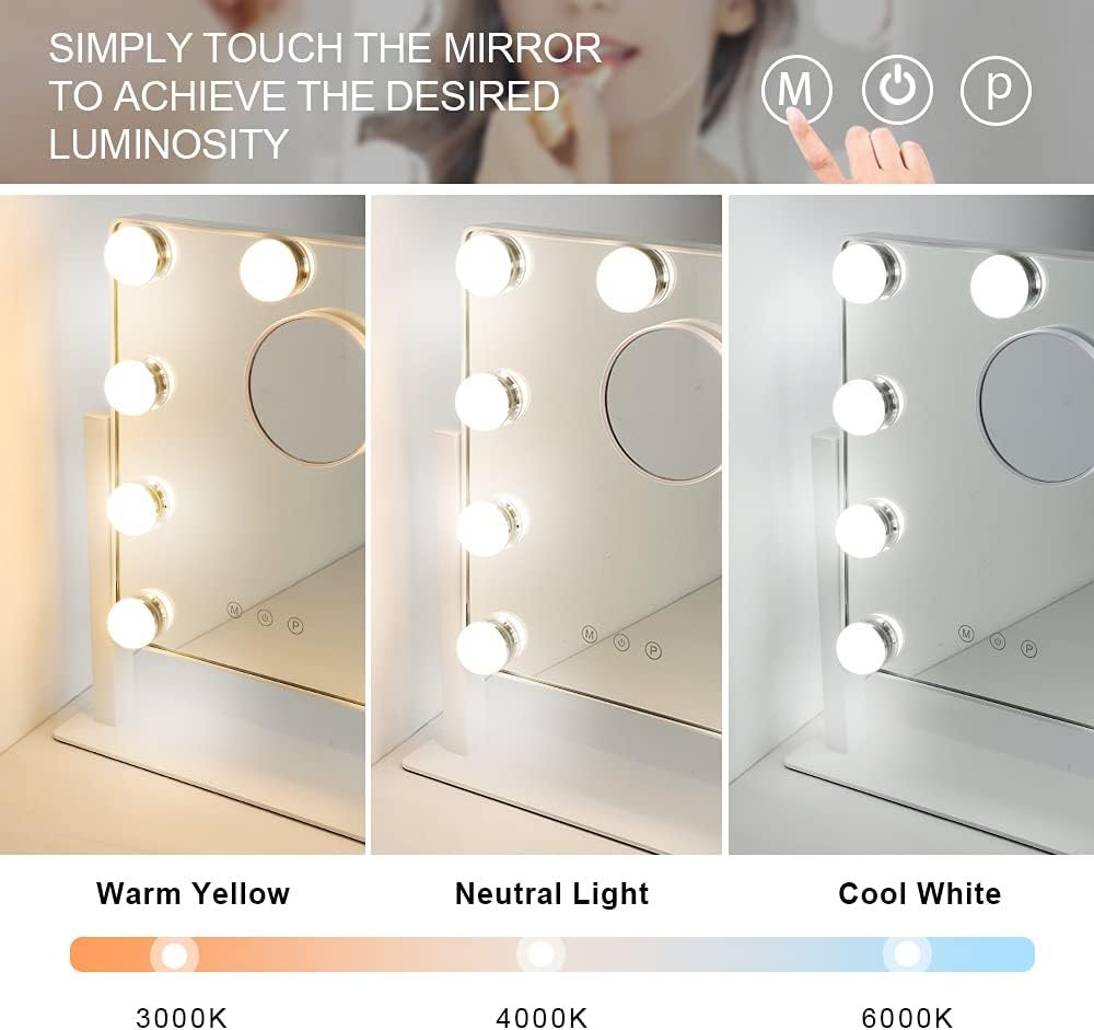 Depuley Makeup Mirror Vanity LED with 9Pcs Dimmable Light Bulbs, Lighted Makeup Mirror with Smart Touch Control, Hollywood Cosmetic Beauty Mirror, White