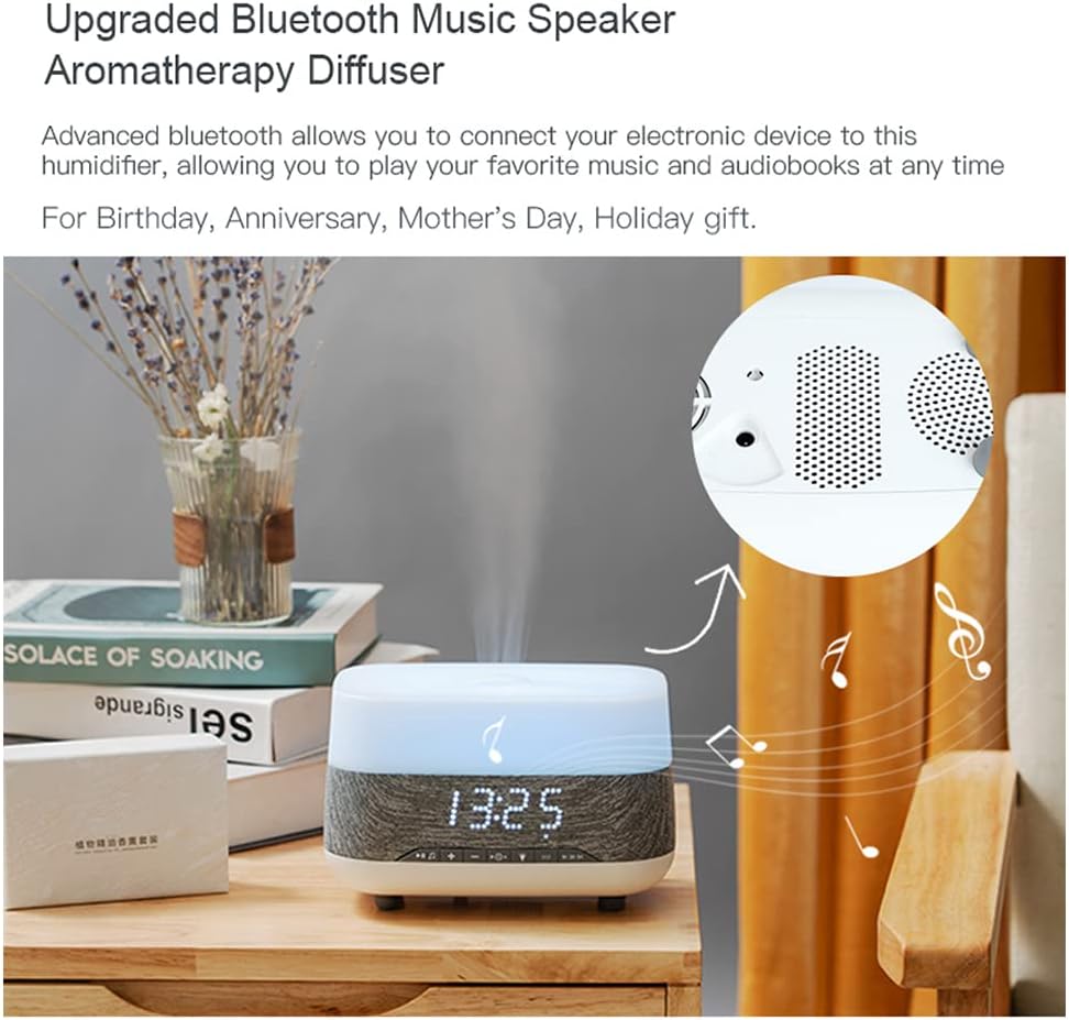 Essential Oil Diffuser and Humidifier with Speaker Clock,7 Color Mood Night Lights,Electric Cool Mist Aromatherapy for Office, Home, Bedroom, Baby Room